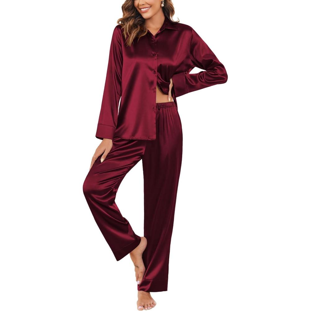 imageEkouaer Women Satin Silk Pajamas Classic Long Sleeve Button Down Pjs Set Soft LoungewearWine Red
