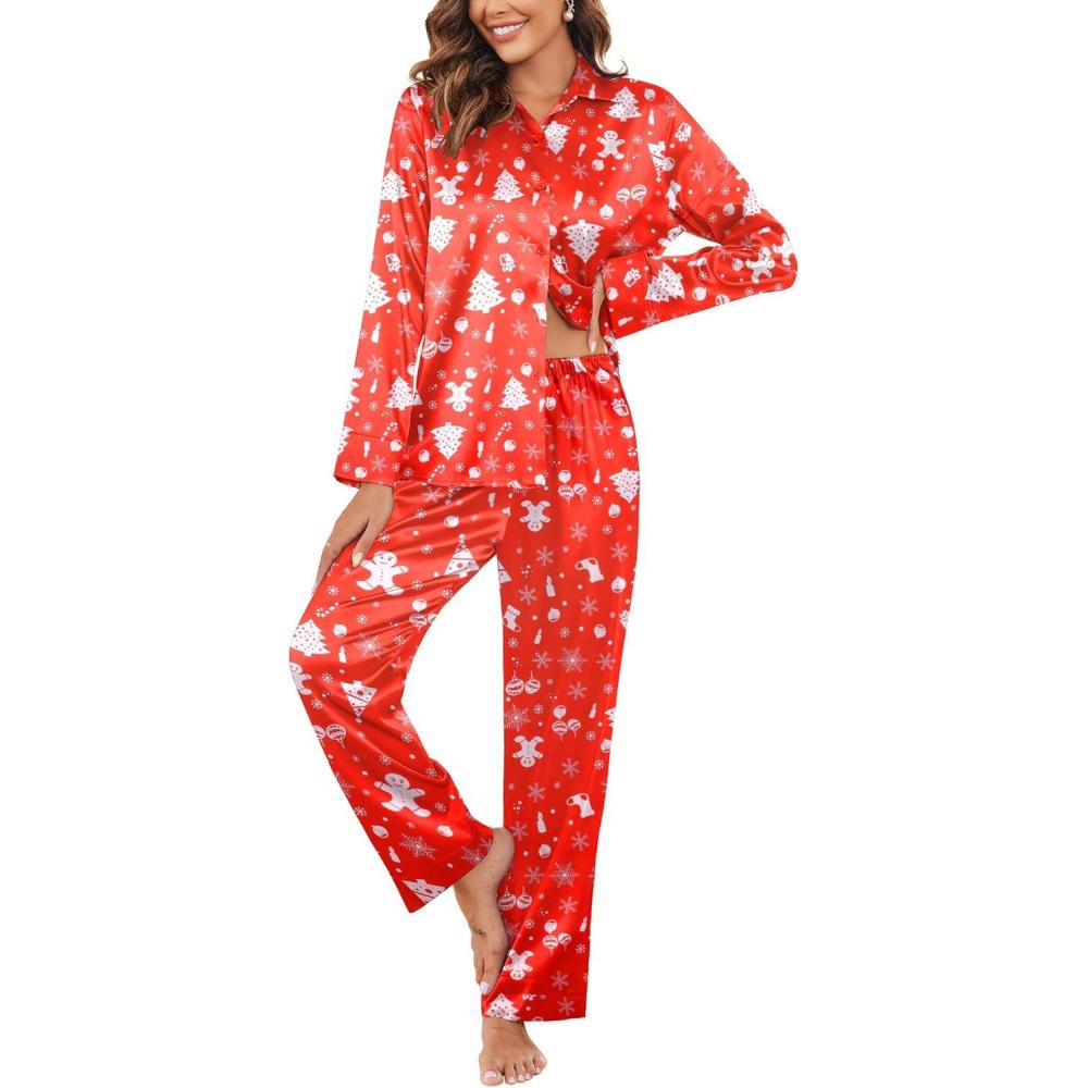 imageEkouaer Women Satin Silk Pajamas Classic Long Sleeve Button Down Pjs Set Soft LoungewearXmas Redtree