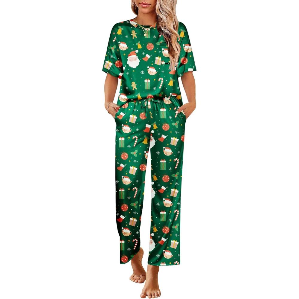imageEkouaer Womens Silk Pajamas Set Print Satin PJs Set Two Piece Pj Sets Sleepwear Loungewear Short Sleeve Lounge SetGreen Christmas