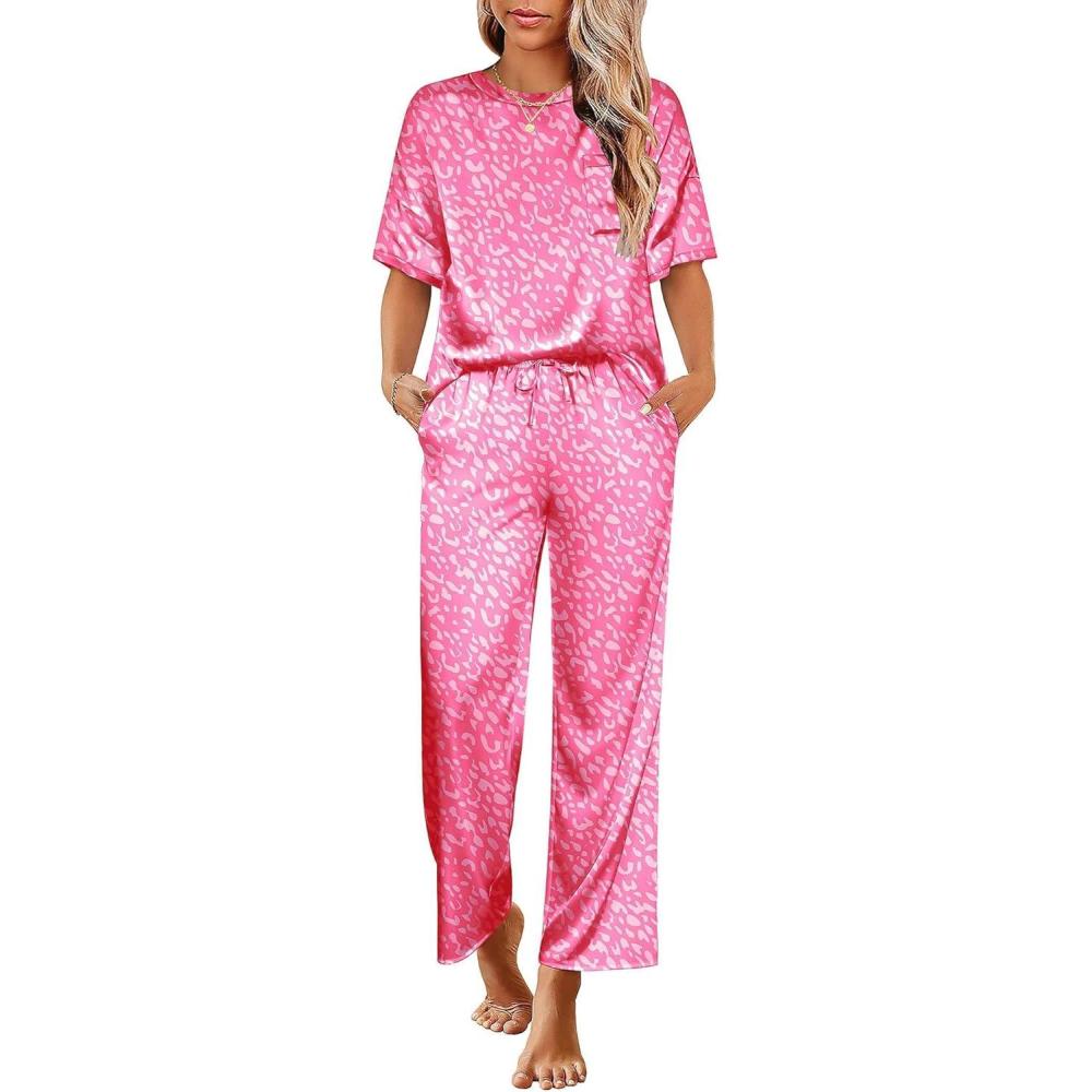 imageEkouaer Womens Silk Pajamas Set Print Satin PJs Set Two Piece Pj Sets Sleepwear Loungewear Short Sleeve Lounge SetHot Pink Leopard