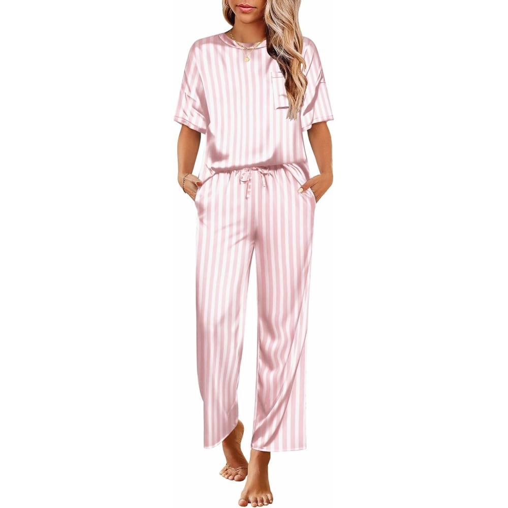 imageEkouaer Womens Silk Pajamas Set Print Satin PJs Set Two Piece Pj Sets Sleepwear Loungewear Short Sleeve Lounge SetPink Stripewide Stripes