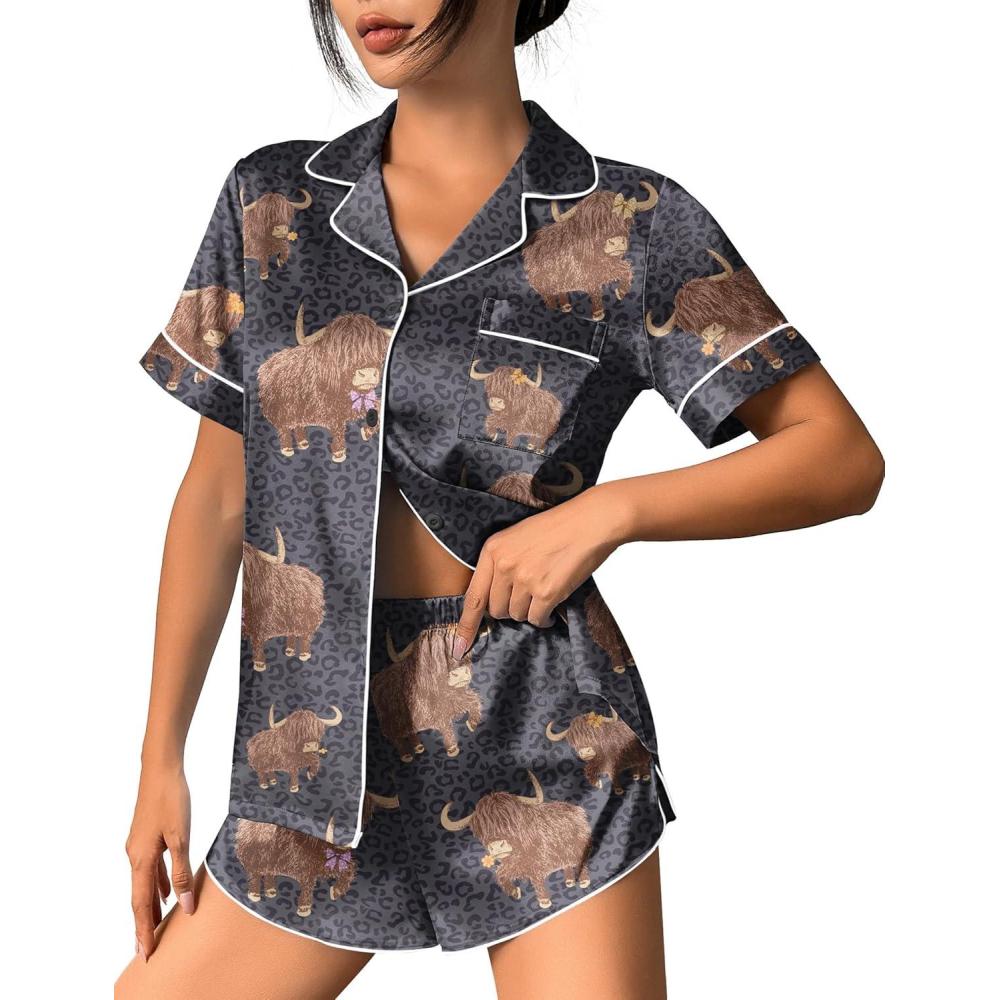 imageEkouaer Womens Silk Satin Pajama Set Print Short Sleeve Sleepwear Button Down Pjs Shorts Set LoungewearGrey Cow