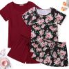 Ekouaer 2 Pack Womens Pajama Sets Short Sleeve Sleepwear Soft Crew Neck Pj Shorts Set Printed Loungewear Set S-XXL(Black Pink Floral/Wine)