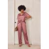 Ekouaer Satin Pajama Set Womens Silk Short Sleeve V Neck Shirt with Long Pant Soft Loungewear Pjs Set(Purplish Red)