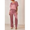 Ekouaer Satin Pajama Set Womens Silk Short Sleeve V Neck Shirt with Long Pant Soft Loungewear Pjs Set(Purplish Red)