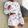 Ekouaer Waffle Knit Pajama Sets for Women Solid Lounge Sets Long Sleeve Top and Shorts Pjs S-XXL(Colorful Butterfly)