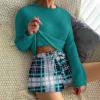 Ekouaer Waffle Knit Pajama Sets for Women Solid Lounge Sets Long Sleeve Top and Shorts Pjs S-XXL(Green and White Plaid)