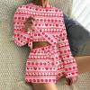 Ekouaer Waffle Knit Pajama Sets for Women Solid Lounge Sets Long Sleeve Top and Shorts Pjs S-XXL(Red Heart)
