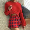 Ekouaer Waffle Knit Pajama Sets for Women Solid Lounge Sets Long Sleeve Top and Shorts Pjs S-XXL(Red and Black Plaid)