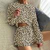 Ekouaer Waffle Knit Pajama Sets for Women Solid Lounge Sets Long Sleeve Top and Shorts Pjs S-XXL(Yellow Leopard)