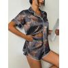 Ekouaer Womens Silk Satin Pajama Set Print Short Sleeve Sleepwear Button Down Pjs Shorts Set Loungewear(Grey Cow)