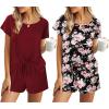 Ekouaer 2 Pack Womens Pajama Sets Short Sleeve Sleepwear Soft Crew Neck Pj Shorts Set Printed Loungewear Set S-XXL(Black Pink Floral/Wine)