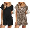 Ekouaer 2 Pack Womens Pajama Sets Short Sleeve Sleepwear Soft Crew Neck Pj Shorts Set Printed Loungewear Set S-XXL(Black/Leopard)