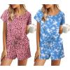 Ekouaer 2 Pack Womens Pajama Sets Short Sleeve Sleepwear Soft Crew Neck Pj Shorts Set Printed Loungewear Set S-XXL(Pink Leopard/Blue Floral)