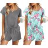 Ekouaer 2 Pack Womens Pajama Sets Short Sleeve Sleepwear Soft Crew Neck Pj Shorts Set Printed Loungewear Set S-XXL(Rose Print/Grey)