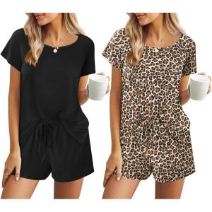 Ekouaer 2 Pack Womens Pajama Sets Short Sleeve Sleepwear Soft Crew Neck Pj Shorts Set Printed Loungewear Set S-XXL(Black/Leopard)