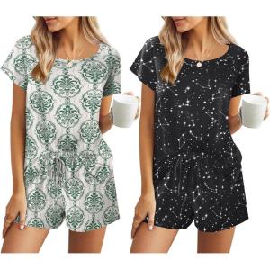 Ekouaer 2 Pack Womens Pajama Sets Short Sleeve Sleepwear Soft Crew Neck Pj Shorts Set Printed Loungewear Set S-XXL(Green Print/Black Star)