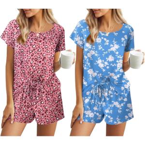 Ekouaer 2 Pack Womens Pajama Sets Short Sleeve Sleepwear Soft Crew Neck Pj Shorts Set Printed Loungewear Set S-XXL(Pink Leopard/Blue Floral)
