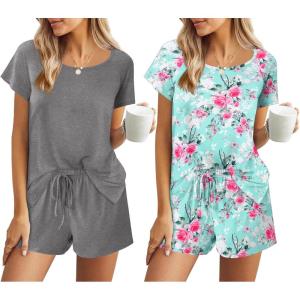 Ekouaer 2 Pack Womens Pajama Sets Short Sleeve Sleepwear Soft Crew Neck Pj Shorts Set Printed Loungewear Set S-XXL(Rose Print/Grey)