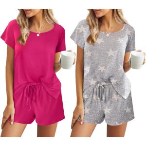 Ekouaer 2 Pack Womens Pajama Sets Short Sleeve Sleepwear Soft Crew Neck Pj Shorts Set Printed Loungewear Set S-XXL(Star Print/Rosy)