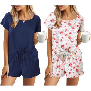 Ekouaer 2 Pack Womens Pajama Sets Short Sleeve Sleepwear Soft Crew Neck Pj Shorts Set Printed Loungewear Set S-XXL(White Floral Print/Navy)