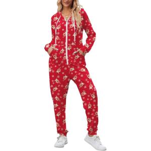 Ekouaer Christmas Onesies for Women Zipper Hooded Onesie Pajamas Adult Soft One Piece Pajama with Pockets(Reindeer)