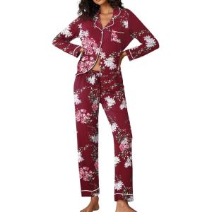 Ekouaer Pajamas Women’s Long Sleeve Sleepwear Soft Button Down Loungewear Pjs Lounge Set Nightwear XS-XXL(Floral Wine)
