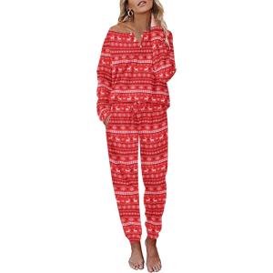 Ekouaer Pajamas Women’s Waffle Knit Sleepwear Long Sleeve Top with Pants Casual Pjs Loungewear Set S-XXL(Christmas)