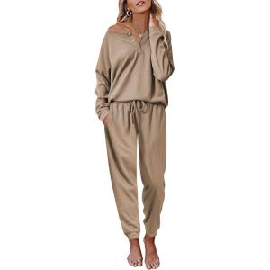 Ekouaer Pajamas Women’s Waffle Knit Sleepwear Long Sleeve Top with Pants Casual Pjs Loungewear Set S-XXL(Khaki)