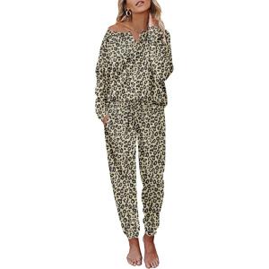 Ekouaer Pajamas Women’s Waffle Knit Sleepwear Long Sleeve Top with Pants Casual Pjs Loungewear Set S-XXL(Leopard)