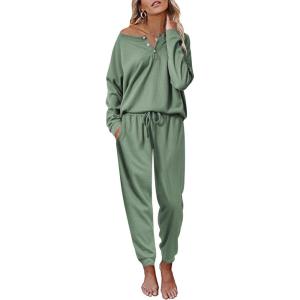 Ekouaer Pajamas Women’s Waffle Knit Sleepwear Long Sleeve Top with Pants Casual Pjs Loungewear Set S-XXL(Sea Green)