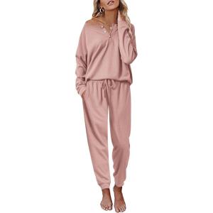 Ekouaer Pajamas Women’s Waffle Knit Sleepwear Long Sleeve Top with Pants Casual Pjs Loungewear Set S-XXL(Taro)