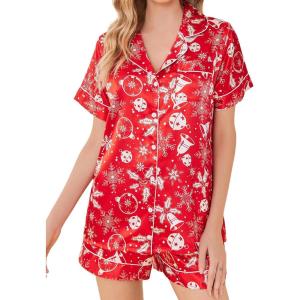 Ekouaer Silk Pajamas for Women Short Sleeve Sleepwear Soft Button Down Loungewear 2 Piece Satin Pjs Shorts Set,Christmas Red,XL