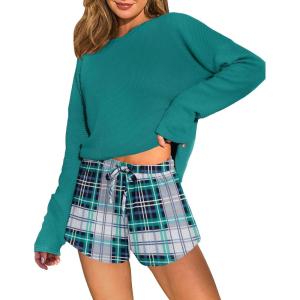 Ekouaer Waffle Knit Pajama Sets for Women Solid Lounge Sets Long Sleeve Top and Shorts Pjs S-XXL(Green and White Plaid)