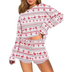 Ekouaer Waffle Knit Pajama Sets for Women Solid Lounge Sets Long Sleeve Top and Shorts Pjs S-XXL(Red Christmas)