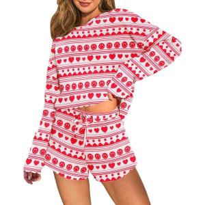 Ekouaer Waffle Knit Pajama Sets for Women Solid Lounge Sets Long Sleeve Top and Shorts Pjs S-XXL(Red Heart)