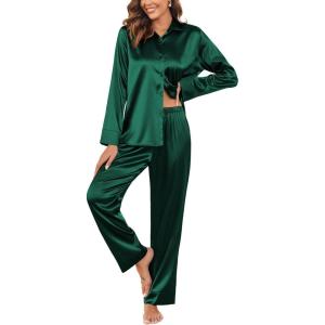 Ekouaer Women Satin Silk Pajamas Classic Long Sleeve Button Down Pjs Set Soft Loungewear(Green)