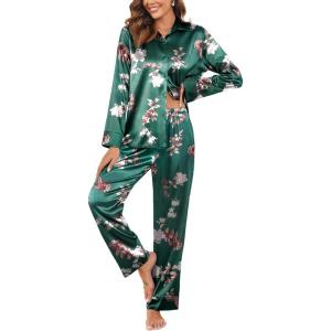 Ekouaer Women Satin Silk Pajamas Classic Long Sleeve Button Down Pjs Set Soft Loungewear(Green-floral)