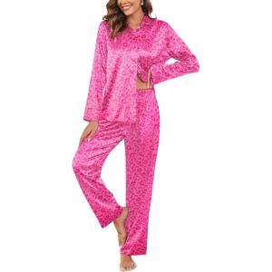 Ekouaer Women Satin Silk Pajamas Classic Long Sleeve Button Down Pjs Set Soft Loungewear(Leopard Hot Pink)
