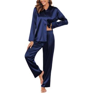 Ekouaer Women Satin Silk Pajamas Classic Long Sleeve Button Down Pjs Set Soft Loungewear(Navy Blue)