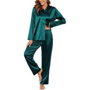 Ekouaer Women Satin Silk Pajamas Classic Long Sleeve Button Down Pjs Set Soft Loungewear(Peacock Green)