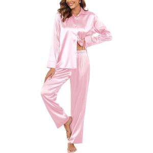 Ekouaer Women Satin Silk Pajamas Classic Long Sleeve Button Down Pjs Set Soft Loungewear(Pink)