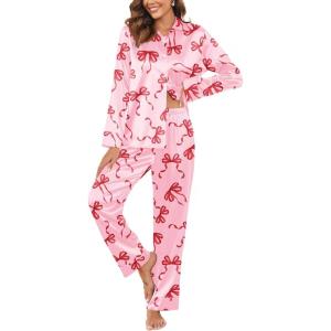 Ekouaer Women Satin Silk Pajamas Classic Long Sleeve Button Down Pjs Set Soft Loungewear(Pink Bow)