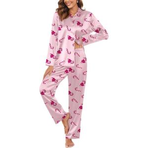 Ekouaer Women Satin Silk Pajamas Classic Long Sleeve Button Down Pjs Set Soft Loungewear(Pink Christmas)