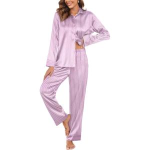 Ekouaer Women Satin Silk Pajamas Classic Long Sleeve Button Down Pjs Set Soft Loungewear(Purple Stripe)