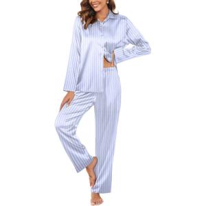 Ekouaer Women Satin Silk Pajamas Classic Long Sleeve Button Down Pjs Set Soft Loungewear(Striped Blue)