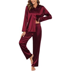 Ekouaer Women Satin Silk Pajamas Classic Long Sleeve Button Down Pjs Set Soft Loungewear(Wine Red)