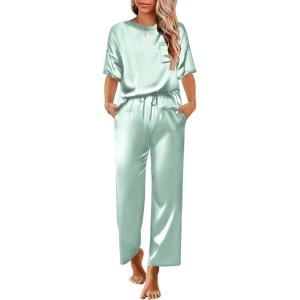 Ekouaer Womens Silk Pajamas Set Print Satin PJs Set Two Piece Pj Sets Sleepwear Loungewear Short Sleeve Lounge Set(Aqua Green)