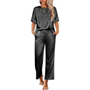 Ekouaer Womens Silk Pajamas Set Print Satin PJs Set Two Piece Pj Sets Sleepwear Loungewear Short Sleeve Lounge Set(Black)