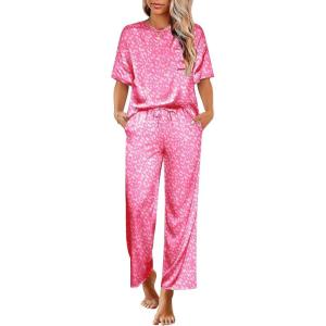 Ekouaer Womens Silk Pajamas Set Print Satin PJs Set Two Piece Pj Sets Sleepwear Loungewear Short Sleeve Lounge Set(Hot Pink Leopard)